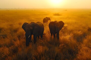 Elephants at Sunset in Tarangire - A Serene Savanna Symphony. Concept Wildlife Photography, Sunset...
