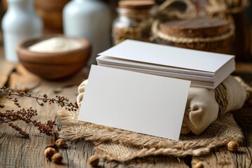 Blank business cards on rustic wooden table surrounded by natural decor and craft supplies, perfect for creative branding and personalized stationery design at home