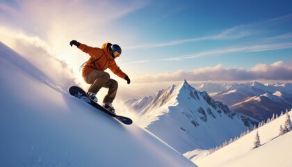 Dynamic action shot of a snowboarder carving through fresh powder on a steep alpine slope, with a breathtaking mountainous horizon in the background.. AI Generation - Powered by Adobe