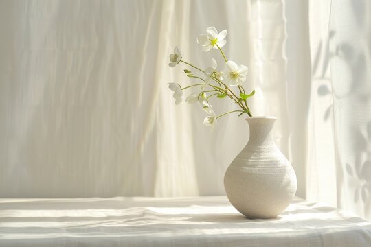 A white vase with a white flower in it sits on a table - Powered by Adobe