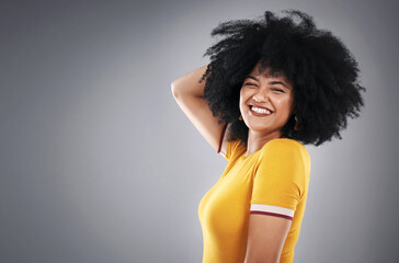 Portrait, afro hair and happy woman on studio mockup for shampoo, treatment or shine results on...