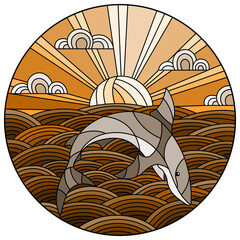 Illustration in stained glass style shark into the waves, Sunny sky and clouds, round image,tone brown