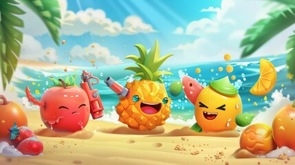 Cartoon tropical fruits playing water gun games or enjoying a sunny beach day in a summer travel illustration.