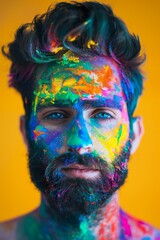 Handsome young man with painted face and multicolored paint