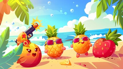 Obraz na płótnie Canvas Summer travel illustration with cartoon tropical fruits playing water gun games and enjoying the beach.