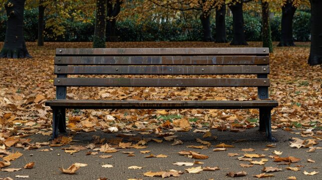 A park bench sits in the middle of a park with leaves scattered around it