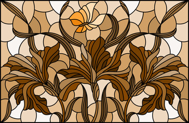 Illustration in stained glass style with a bouquet of  irises and butterflies on a , tone brown