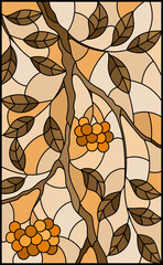 Illustration in stained glass style with a branch of mountain ash, clusters of berries and leaves, tone brown