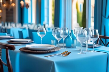 An example of a holiday table in a blue tone. Decorating tables in a restaurant. - obrazy, fototapety, plakaty