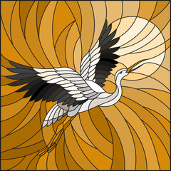 Illustration in stained glass style stork on the background of sky, sun and sun, tone brown