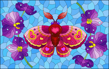 A stained glass illustration with a cute moth and orchid flowers on a blue sky background