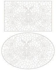 A set of contour illustrations in the style of stained glass with a cute moth and orchid flowers , dark outlines on a white background
