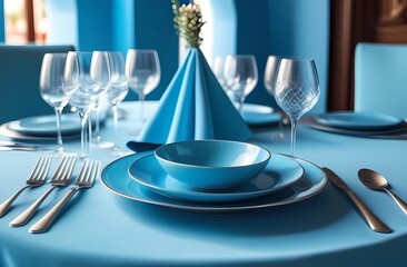 An example of a holiday table in a blue tone. Decorating tables in a restaurant. - obrazy, fototapety, plakaty