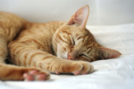 Cute ginger cat sleeping on white bed, close-up