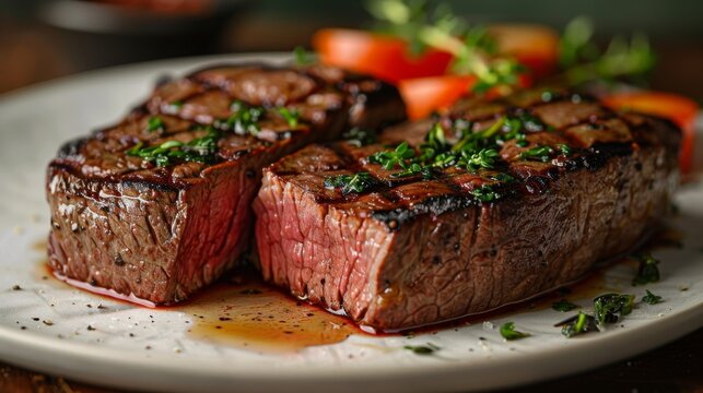 Juicy grilled steak served with fresh herbs and garnished with sliced tomatoes on a plate ready for dinner
