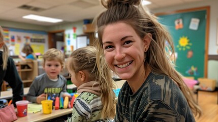 A cheerful young educator engages with toddlers in a colorful, playful kindergarten classroom environment.