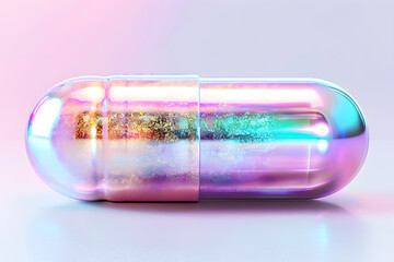 Glowing holographic capsule pills isolated on pink background