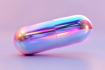 Glowing holographic capsule pills isolated on pink background
