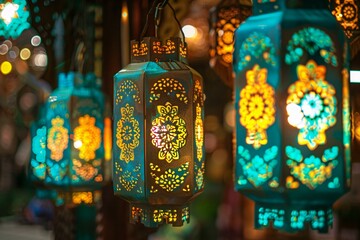 Colorful decorative lanterns for Ramadan Kareem celebration,  Bokeh background - obrazy, fototapety, plakaty