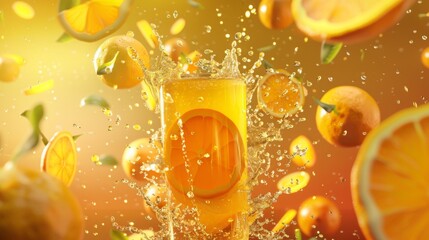 On an orange background, an explosion effect and citrus slices are flying in a 3D power drink banner ad