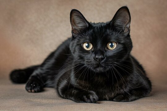 Portrait of a black cat with yellow eyes on a brown background
