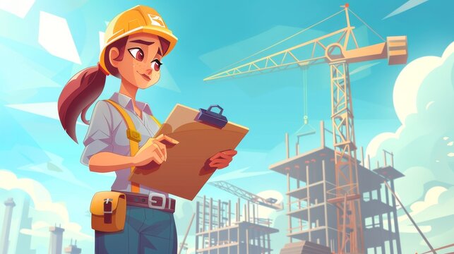 Female civil engineer holding clipboard at construction site. A crane is visible in the background.