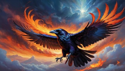 Fototapeta premium A raven spreads its wings wide against a dramatic backdrop of fiery clouds at sunset, embodying freedom and the wild spirit of nature.. AI Generation