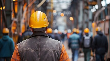 A construction worker in a yellow hard hat stands focused at a bustling construction site, amidst other workers.