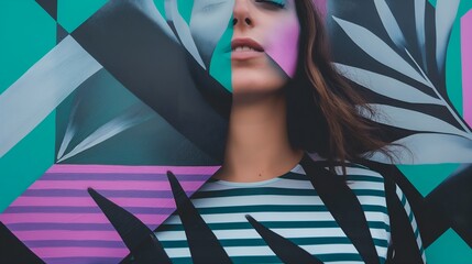 Abstract  geometric graffiti girl poster banner overlay with wall texture lines and shapes in muted tones, stylish modern backdrop, creative promo background