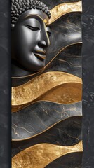 Abstract Buddha black face on gold and black marble wavy background