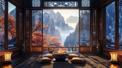 Cozy room with fireplace, large windows, Chinese style architecture