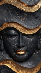 Abstract Buddha black face on gold and black marble wavy background