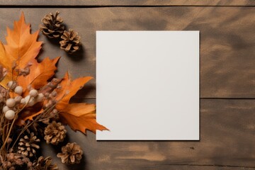 Autumn themed mockup of a blank greeting card with leaves and rustic elements