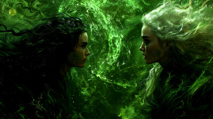 Two ancient elven witches, each wielding immense power, surrounded by swirling magical energy.
