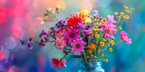 Wonder and dynamic colors Bouquet of impossible unique many kind of flowers on a design magic table joy with colorful backgrounds