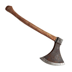Old used ax with a wooden handle on a white and transparent background. PNG.