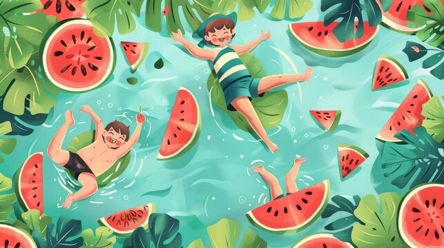 Poster featuring a watermelon pool in a hand-drawn style. Illustration of kids having fun in a watermelon pool. Chinese translation: Great Heat, 12th solar term.