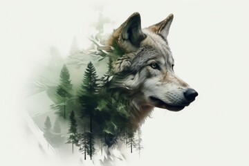 Double exposure of a forest and a wolf