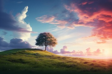 Dreamy sky background with a lone tree on a grassy hill