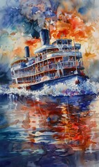 Watercolor painting of a steamboat is a boat that is propelled primarily by steam power, typically driving
 propellers or paddlewheels.