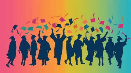 Graduates celebrating their achievements by tossing caps in the air against a vibrant gradient background during a joyful graduation ceremony at the end of the academic year