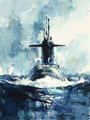 A submarine is a warship that can operate while under the surface of the water. Watercolor painting.
 Use for phone wallpaper, posters, postcards, brochures.