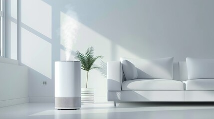 White air purifier machine for home. Fresh air flows from the appliance in the living room - obrazy, fototapety, plakaty