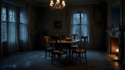 At midnight, a dining table sits forsaken, its chairs askew, bathed in the ghostly glow of moonlight Generative AI