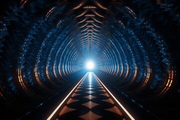 Hypnotic 3D tunnel with intricate patterns and neon lights