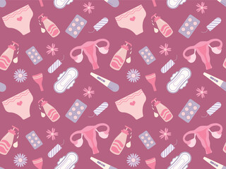 Seamless pattern with menstruation elements and feminine hygiene items on a pink background.