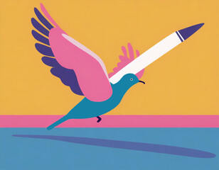 Dove of peace carrying a pen. Flat minimalist illustration.