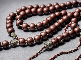 A rosary with brown beads and a cross on the front.