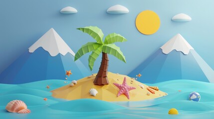 An illustration depicting a palm tree, seashell, starfish, and beach ball on the sand, with a papercut style sun and mountains in the background.