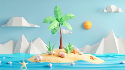 Fototapeta na wymiar This is a 3D illustration of a small island with a palm tree, seashell, starfish and beach ball on the sand. There is also a papercut style sun and mountains behind the island.